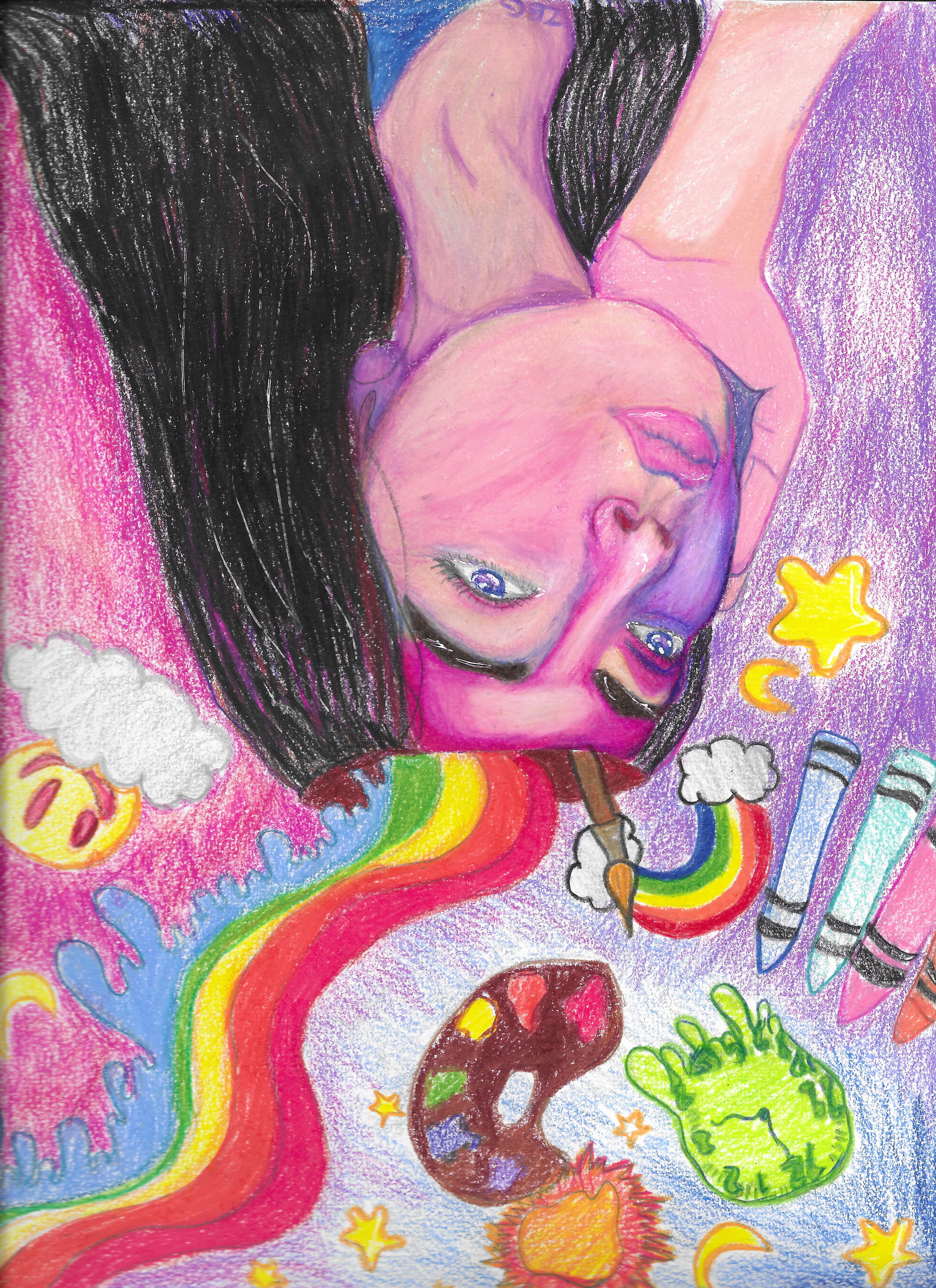 A Colorful Mind - By Zoey G. - A colorful drawing of a person thinking, whose head is surrounded by various art supplies.